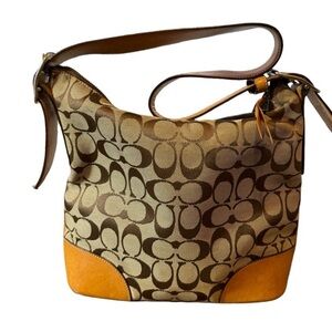 Coach L2K-6347 Hobo Signature Tote Leather Trim Brown Logo Canvas Bag Women